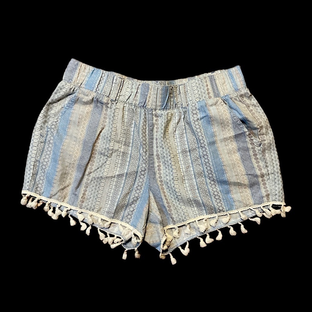 Rewash Women's Shorts Stripe Blue Tones Fringe Bottom Linen Striped Blue Beige